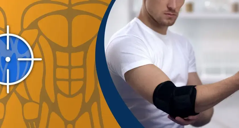 Mann mit Ellenbogenbandage, Arzt im Hintergrund. Ein Fadenkreuz-Symbol auf anatomischem Hintergrund deutet auf gezieltes Training (epi train) hin.