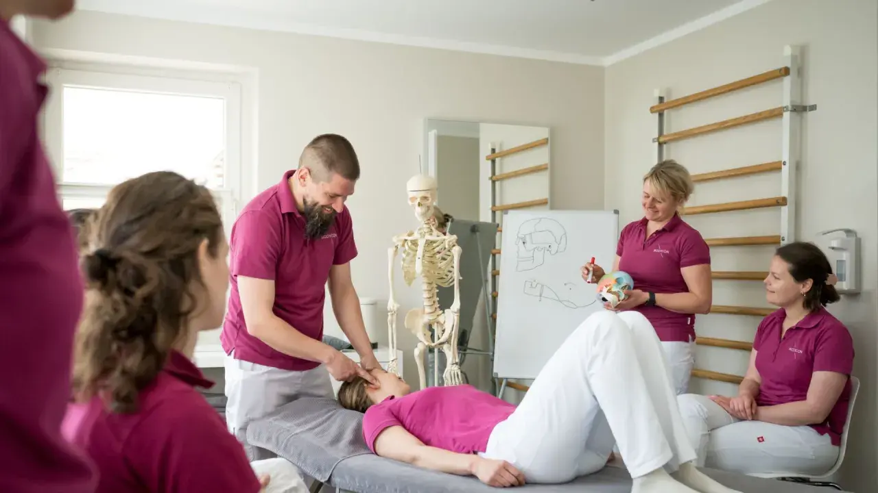 Ein Mann erklärt einer liegenden Frau eine physiotherapeutische Behandlung. Ein Skelett und eine Tafel mit anatomischen Zeichnungen verdeutlichen den Unterschied zwischen Ergo- und Physio-Therapie.