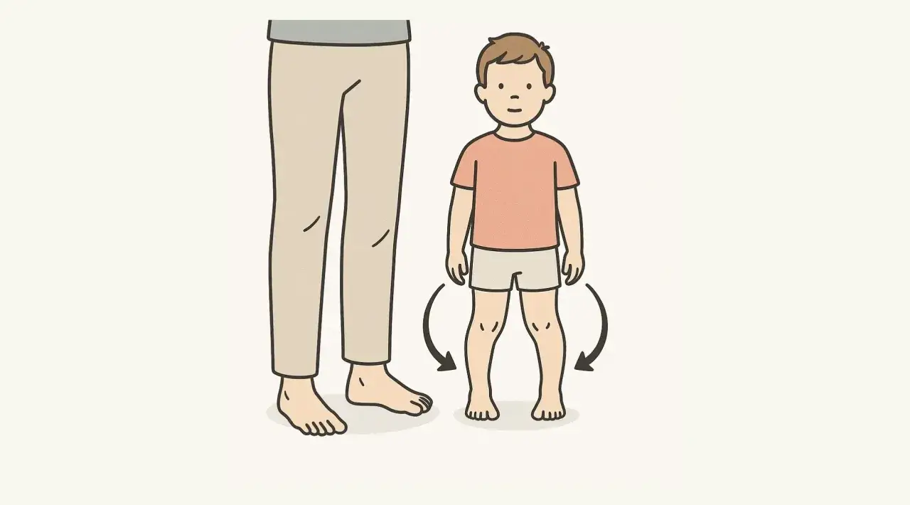 Kind mit O-Beinen, ein mögliches Symptom von Morbus Blount. Pfeile zeigen nach außen gerichtete Knie.