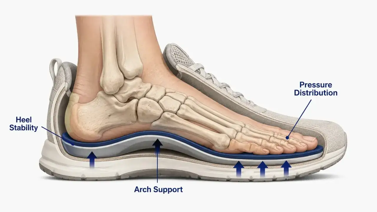 Schnitt durch einen Schuh, der die Anatomie des Fu&szlig;es und die Funktionen der Sohle zeigt: Fersenstabilit&auml;t, Fu&szlig;gew&ouml;lbest&uuml;tze und Druckverteilung. Lauf Analyse.