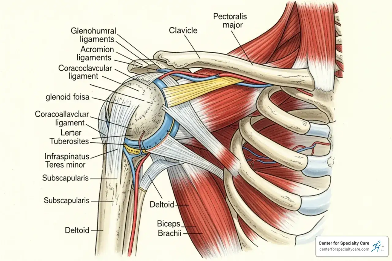 Anatomische Darstellung der Schulter mit Muskeln und Bändern. Mögliche Ursachen für eine schulter verklemmt werden durch die detaillierte Darstellung der Gelenkstrukturen verdeutlicht.