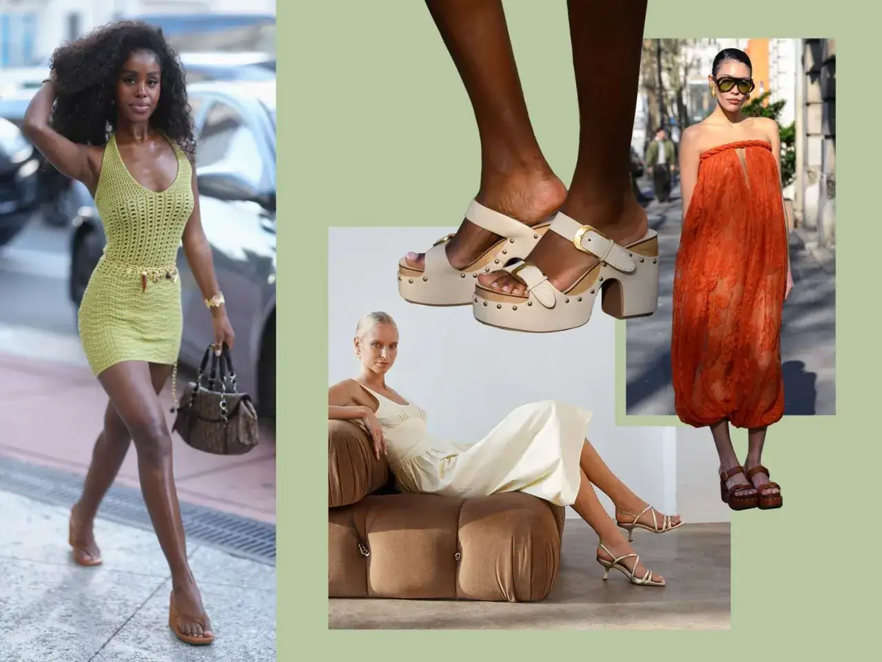 Modische Sommeroutfits mit verschiedenen Schuhen, darunter Plateausandalen und filigrane Riemchensandalen. Perfekt f&uuml;r warme Tage, diese Sommerschuhe mit Einlagen bieten Komfort.
