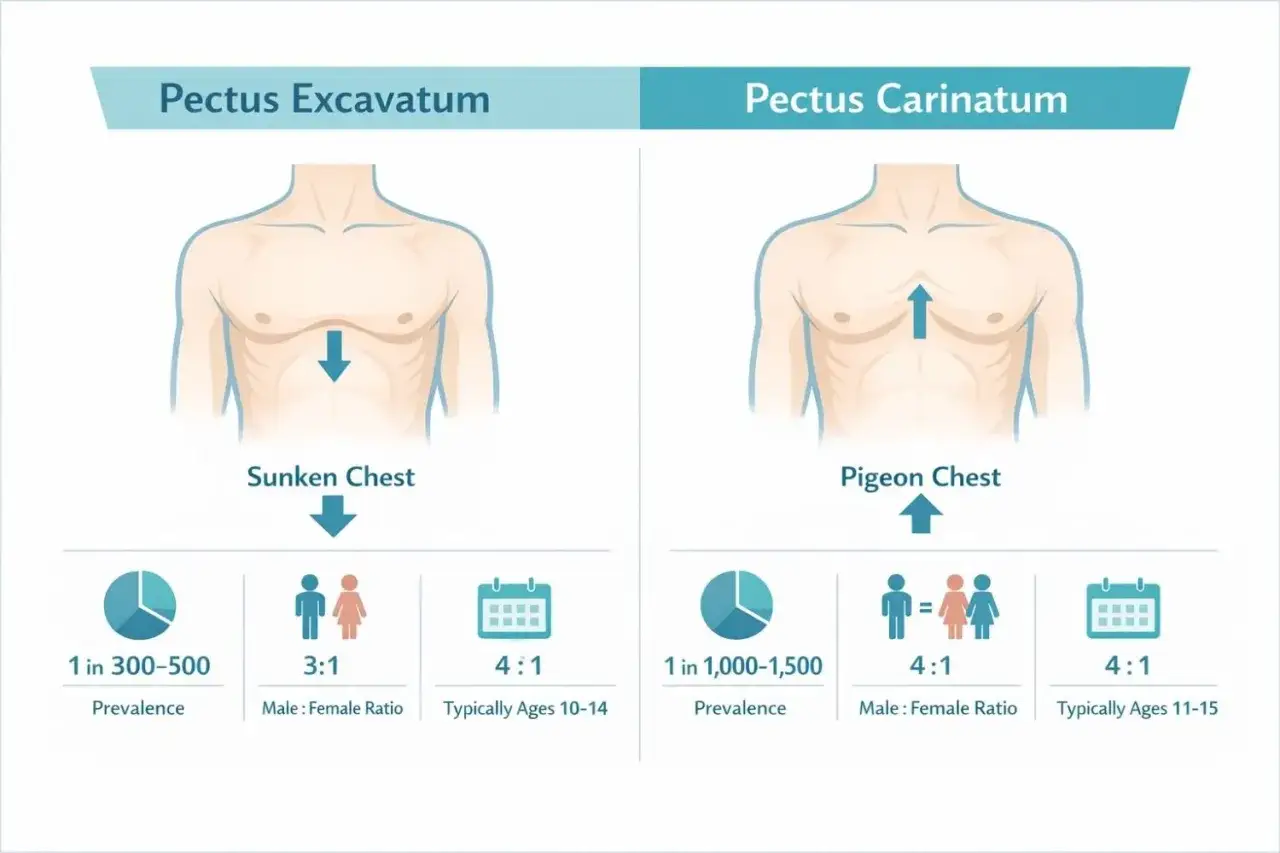 Vergleich von Pectus Excavatum (Trichterbrust) und Pectus Carinatum (Hühnerbrust). Rippenbuckel Brust wird hier nicht direkt erwähnt, aber die Bilder zeigen die unterschiedlichen Brustformen.