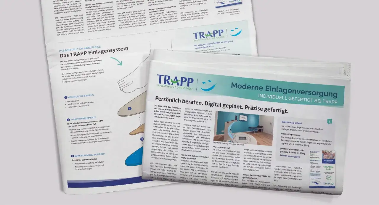 Individuell gefertigte Einlagen auf Rezept: TRAPP bietet moderne Einlagenversorgung für gesunde Füße und mehr Mobilität.