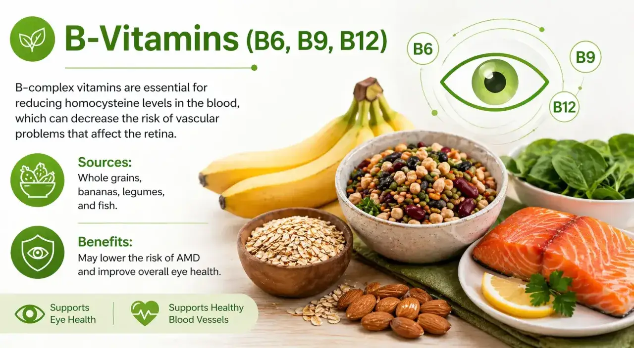 B-Vitamine (B6, B9, B12) unterst&uuml;tzen die Augengesundheit und k&ouml;nnen das Risiko von Gef&auml;&szlig;problemen der Netzhaut senken. Quellen: Bananen, Fisch.