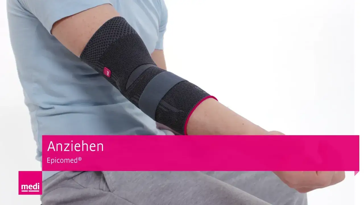 Person zieht eine epi train Bandage an. Die Bandage stützt den Ellenbogen und ist mit Klettverschlüssen verstellbar.