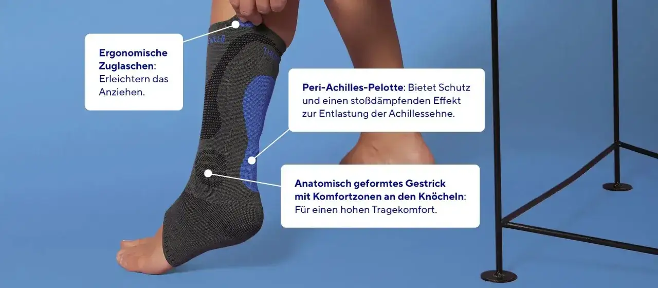Fu&szlig; mit einer Bandage, die bei einem Achillessehnenriss zur Entlastung dient. Ergonomische Zuglaschen und eine Pelotte sch&uuml;tzen die Sehne.