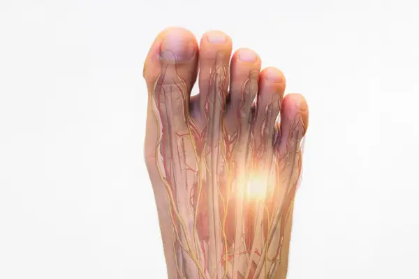 Fuß mit sichtbaren Nerven und Blutgefäßen, die auf ein Morton-Neurom hinweisen. Mögliche Hausmittel zur Linderung.